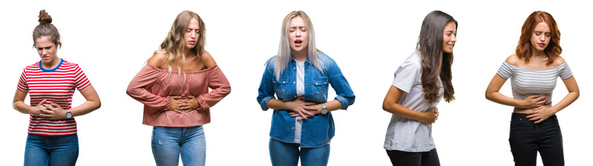 Collage of young beautiful grop of women over isolated background with hand on stomach because...