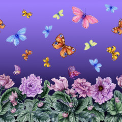Beautiful African violet flowers and flying butterflies on purple background. Seamless floral pattern. Watercolor painting. Hand drawn and painted illustration.