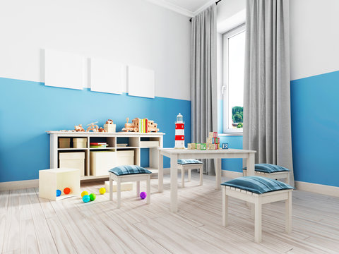 Boy S Bedroom Interior With A White Wall, Like Bed, Cabinet, Framed Poster And Toys.