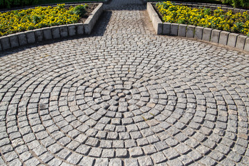 Stone tile and green area with flowers in city park