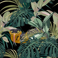 Fototapety  Wzór z żółtymi wężami i niebieskimi roślinami tropikalnymi: monstera, ficus, liście palmowe. Kolorowa tapeta z motywem tropikalnym na czarnym tle.