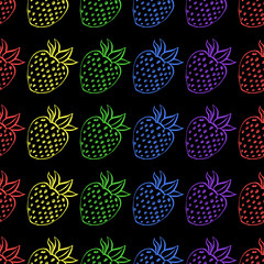 Seamless pattern with strawberry on a black background. Vector illustration of a seamless pattern of juicy strawberries. Hand drawn strawberry.