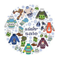 Winter sale, doodles seasonal clothes on a white background, color flyer template or postcards for your design. Vector
