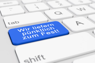 Computer-Tastatur mit einer blauen Taste und der Aufschrift - Wir liefern pünktlich zum Fest