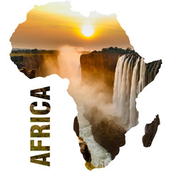 Victoria falls sunset, orange sun and africa continent outline