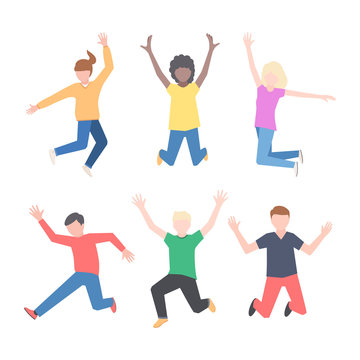 International young joyful people jumping with their hands up. Happypositive guys and girls are happy. Vector illustration in flat cartoon style isolated on white background.