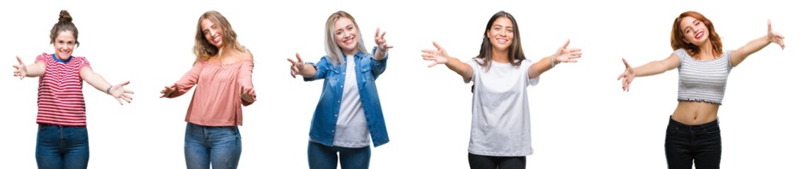 Collage of young beautiful grop of women over isolated background looking at the camera smiling with open arms for hug. Cheerful expression embracing happiness.