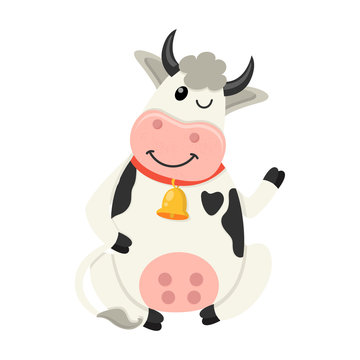 Cute cow sits and waves her hand. Set of cute Cows character in various poses