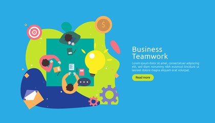 teamwork business brainstorming Idea concept with big yellow light bulb lamp, tiny people character. creative innovation solution. template for web landing page, banner, presentation, social media.