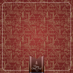 New year and Christmas snowy winter pattern with coniferous forest, pines, cottages and hand drawn Merry Christmas typography . Celebration design and quotation for web, poster, card, postcard, event