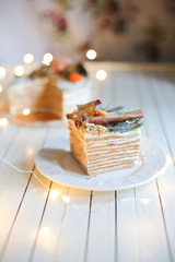 Christmas cake on a stand on the background