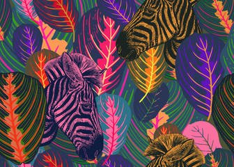 Tropical leaves and animals zebras. Seamless pattern.