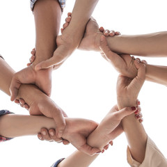 under view friendship People partnership teamwork crossed hands finishing up meeting show unity on white background , Business partner  teamwork concept