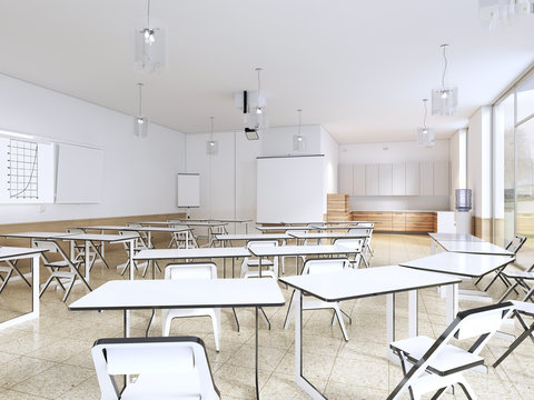 Modern classroom with large panoramic windows and white desks, bright interior.