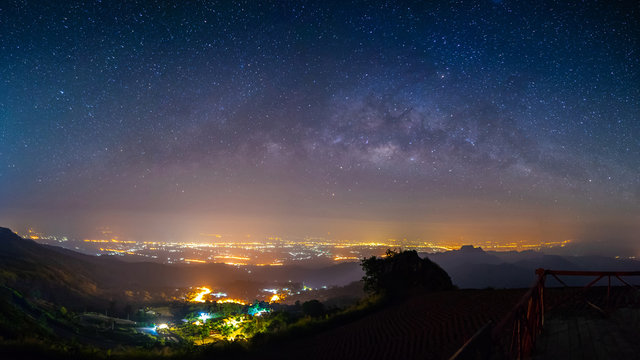 panoramic night landscape mountain and milky way  galaxy background , panorama Thailand , long exposure , low light