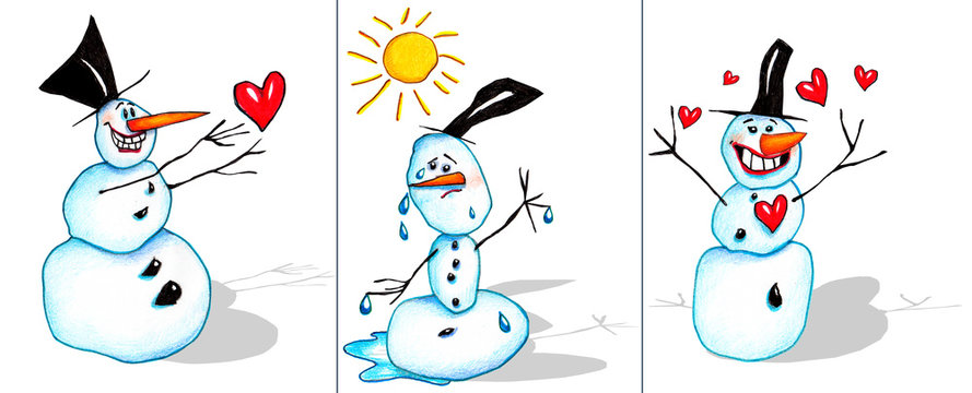 Drei Schneemänner, Winter, Herzen, Liebe, Illustration von Kathrin Schwertner 