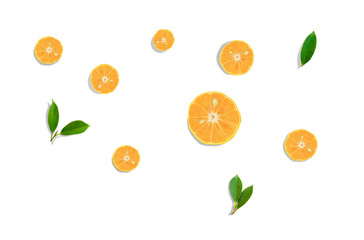 Top view Orange  fruit slice and green leaf   isolated on white background .