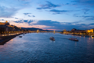 Fototapeta na wymiar Panorama of Budapest - Danube river. Sunset.