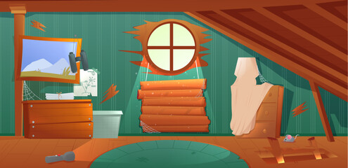 The interior of the attic. An old forgotten room with boxes on the roof. Lamp and pictures and stairs to the top. © annetdebar