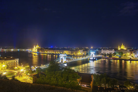 Hungarian Parliament.   and  chain bridge   Secheni.   Night lights 