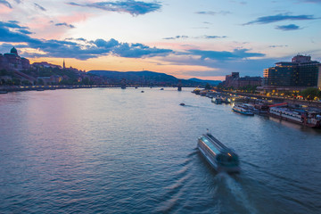 Fototapeta na wymiar CItyscape of Budapest, Spring. Panorama of Budapest - Danube river. Sunset
