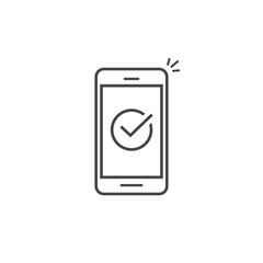 Smartphone and checkmark vector illustration, line outline mobile phone approved tick notification, idea of successful update check mark, accepted, complete action on cellphone, yes or positive vote