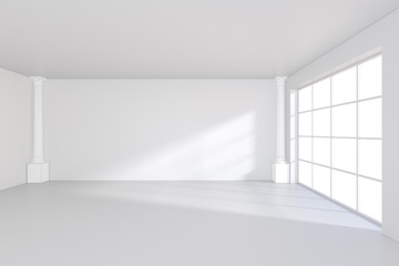Empty white room with large stained glass windows. 3D rendering.