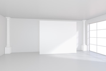 Obraz na płótnie Canvas White billboard standing near a window in a white room. 3D rendering.