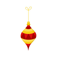 Hanging christmas bauble on string vector illustration icon. Drop ornament in yellow, gold and red colors. Festive traditional seasonal decoration.