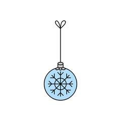 Fototapeta premium Hanging christmas bauble on string vector outlined illustration icon. Ball ornament in silver, grey and blue colors. Festive traditional seasonal decoration.