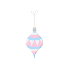 Hanging christmas bauble on string vector illustration icon. Drop ornament in silver, grey, blue and pink colors. Festive traditional seasonal decoration.