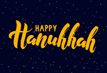 Fototapeta na wymiar Vector illustration Happy Hanukkah lettering on dark blue background for greeting card/poster/banner template.