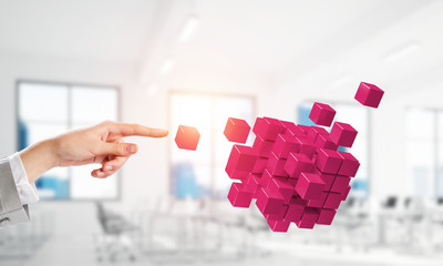 Integrating new technologies concept with cube figure floating in air. Mixed media