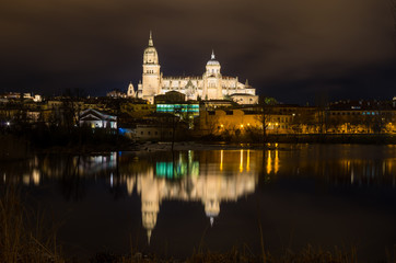 Fototapeta na wymiar Cityscape at night with a cathedral illuminated and reflected in the river