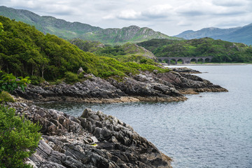 Prince's Cairn, Lake Nan Uamh, picturesque bay in Scotland, UK