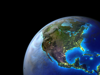 North America on Earth from space. Very fine detail of planet surface, realistic clouds and very bright city lights.
