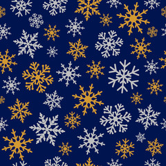 Elegant silver and gold snowflakes navy blue seamless pattern. Snowflake line christmas frost in silver and golden colors on dark blue background for xmas greeting card or new year banner 