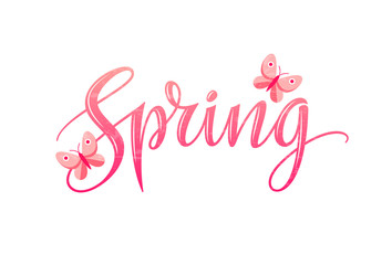 Spring logo isolated on white background. Vintage letterng typography and butterflies. Vector illustration. EPS 10