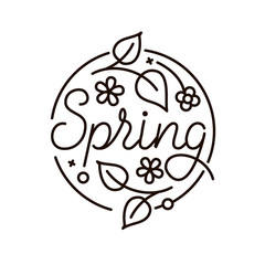 Abstract spring logo in flat style with flowers, leaves. Geometric shapes and nature icon. Black and white graphic floral design element in minimal modern style. Vector illustration.