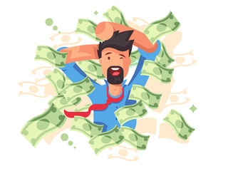 Rich smiling man bathing in money