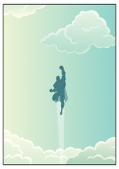 Cartoon illustration of powerful superhero flying across beautiful cloudscape. © Malchev