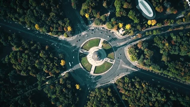 Aerial top down view of Berlin Victory Column and roundabout traffic. Germany
