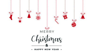 Merry Christmas and happy new year card with Christmas decoration: red ornaments, gift box, snow flakes and star on white background. Xmas holiday greeting card.