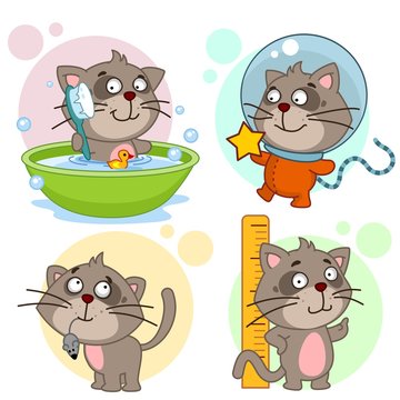 A set of cartoon icons with a cat for children and design, a cat is washed in the bathroom with a brush, a spaceman in a spacesuit with a star, a hunter caught a mouse, measures its height.