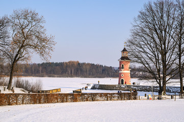 Sachsens einziger Binnenleuchtturm am Großteich Moritzburg, Sachsen, Deutschland, Europa,...