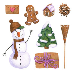 Watercolor Christmas set. Hand painted snowman, broom. gingerbread man, house, Christmas tree, gift, letter and cone isolated on white. Elements for New Year decor, stickers and cards