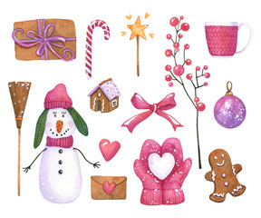 Watercolor Christmas winter set in pink color. Hand painted snowman, mittens with snow, cup, gingerbread man, house, gift, bow, twig and ball isolated on white. Elements for New Year decor