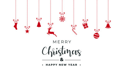 Merry Christmas and happy new year banner with Christmas decoration: red ornaments, gift box, snow flakes and star on white background. Xmas holiday greeting card.