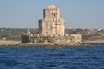 Methoni castle with scaffolding in Peloponnese, Messenia, Greece.