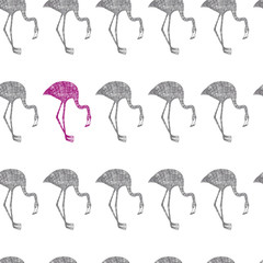 Hand drawn flamingo grey and pink in pencil seamless white background